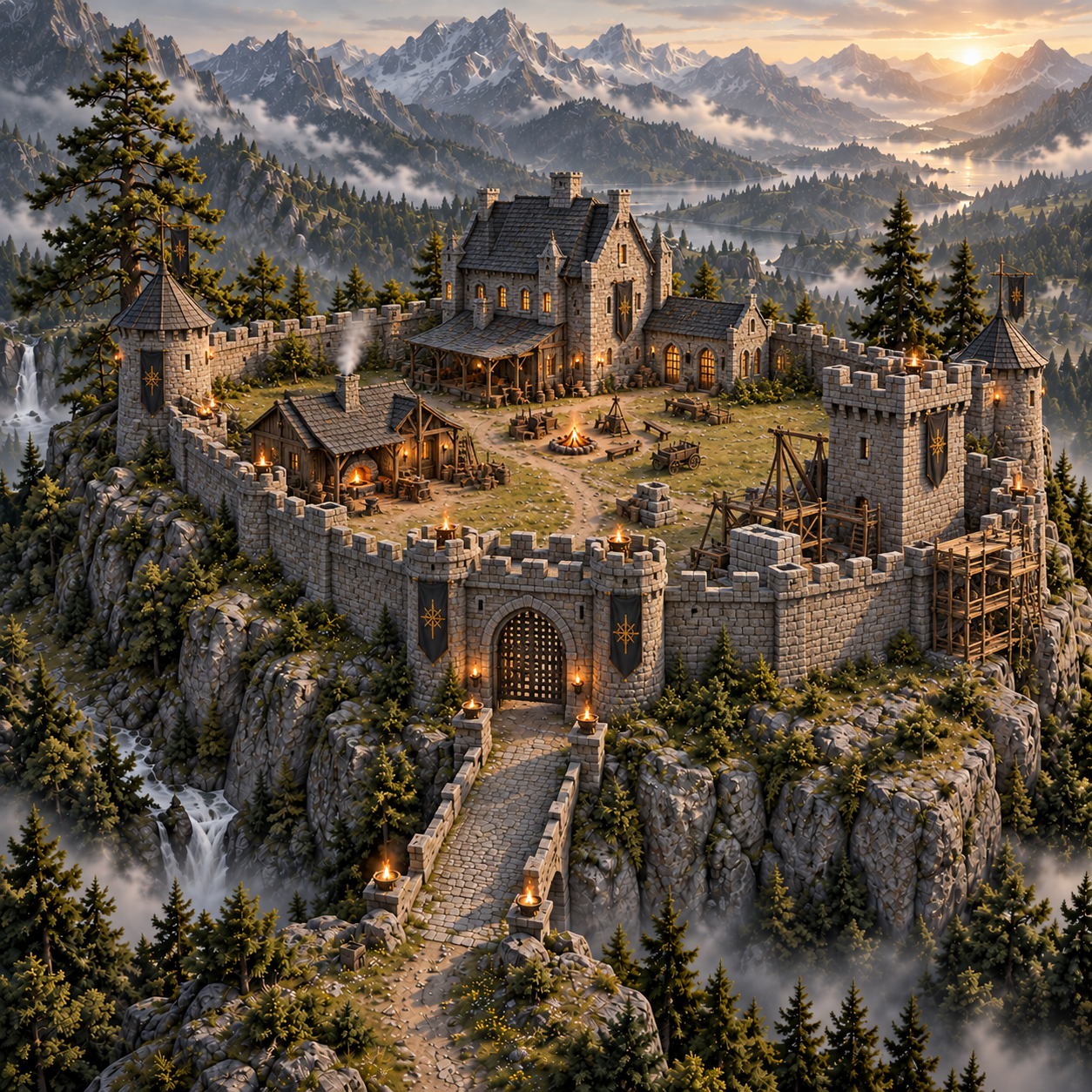 Une forteresse de pierre au cœur d’un paysage de montagne.