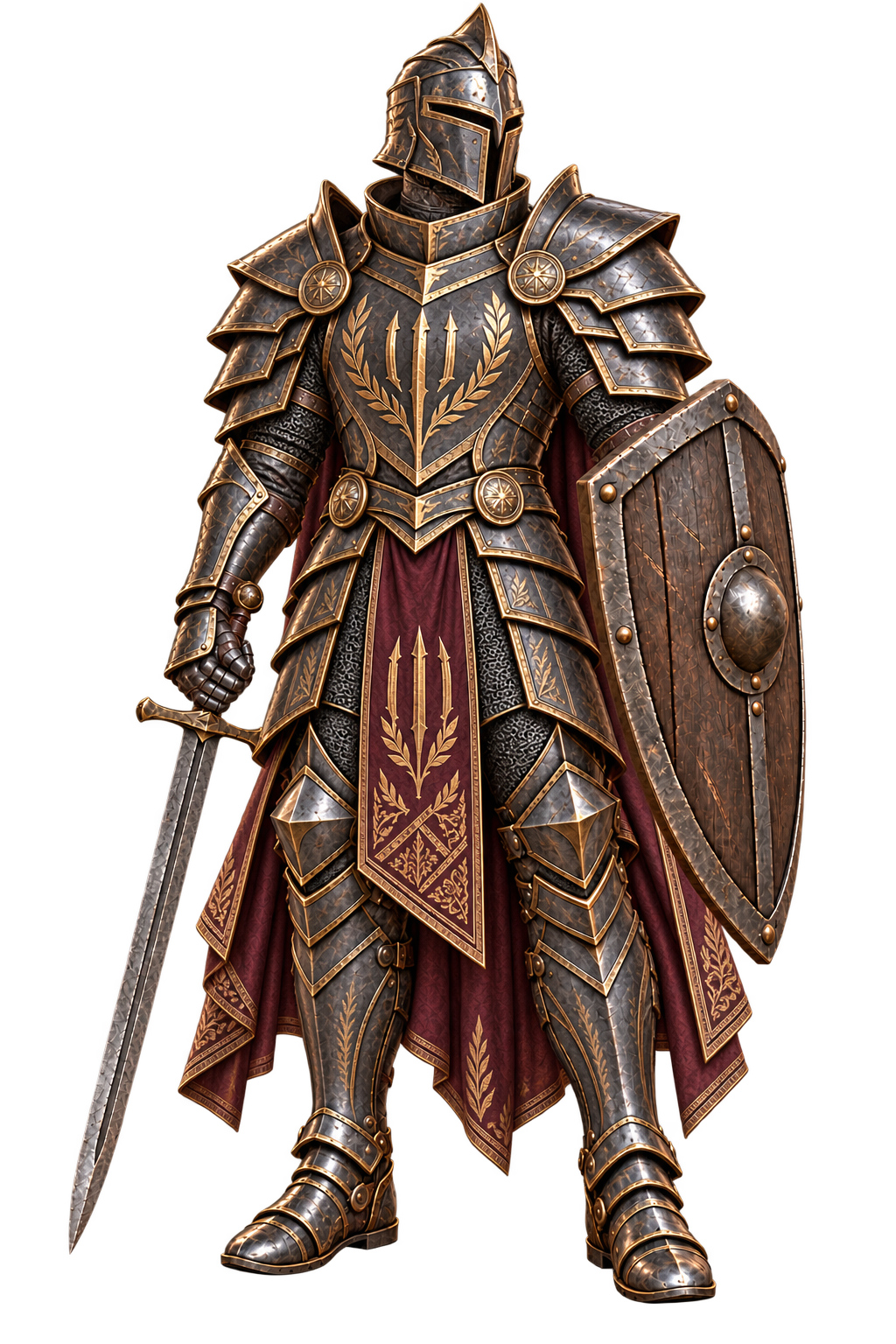 Guerrier humain en armure épique dorée et sombre, tenant son arme et son bouclier.